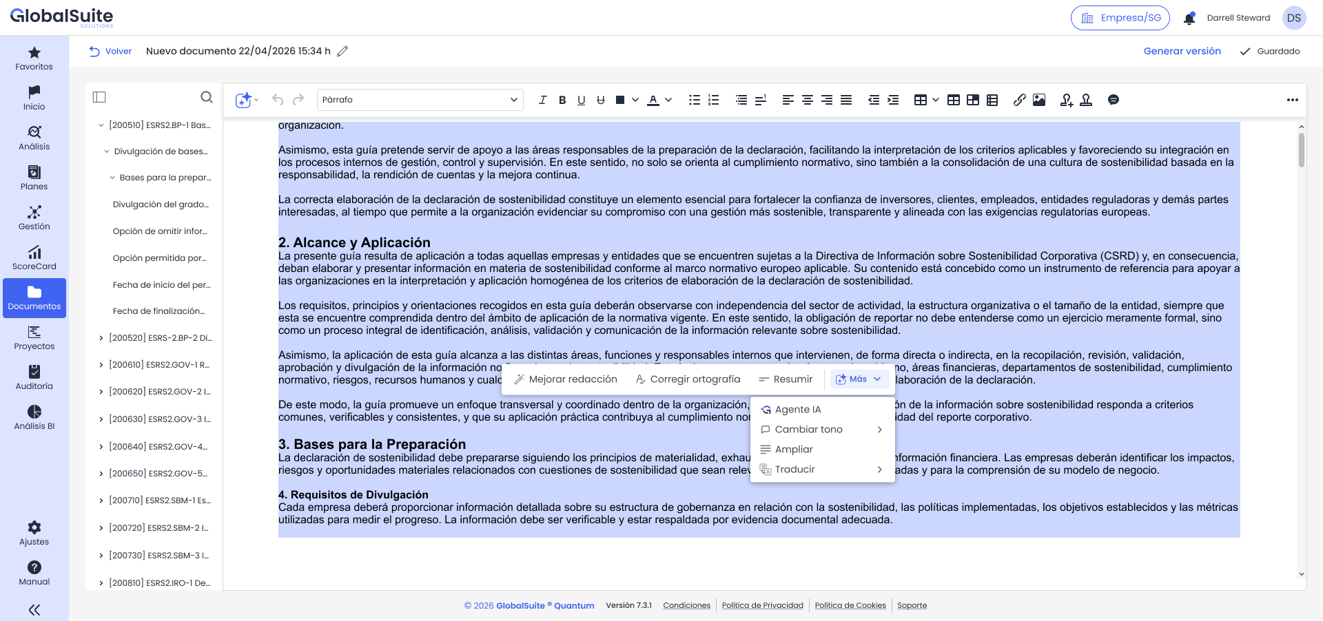 Menú contextual sobre un texto seleccionado con las acciones Mejorar redacción, Corregir ortografía, Resumir y el desplegable Más.