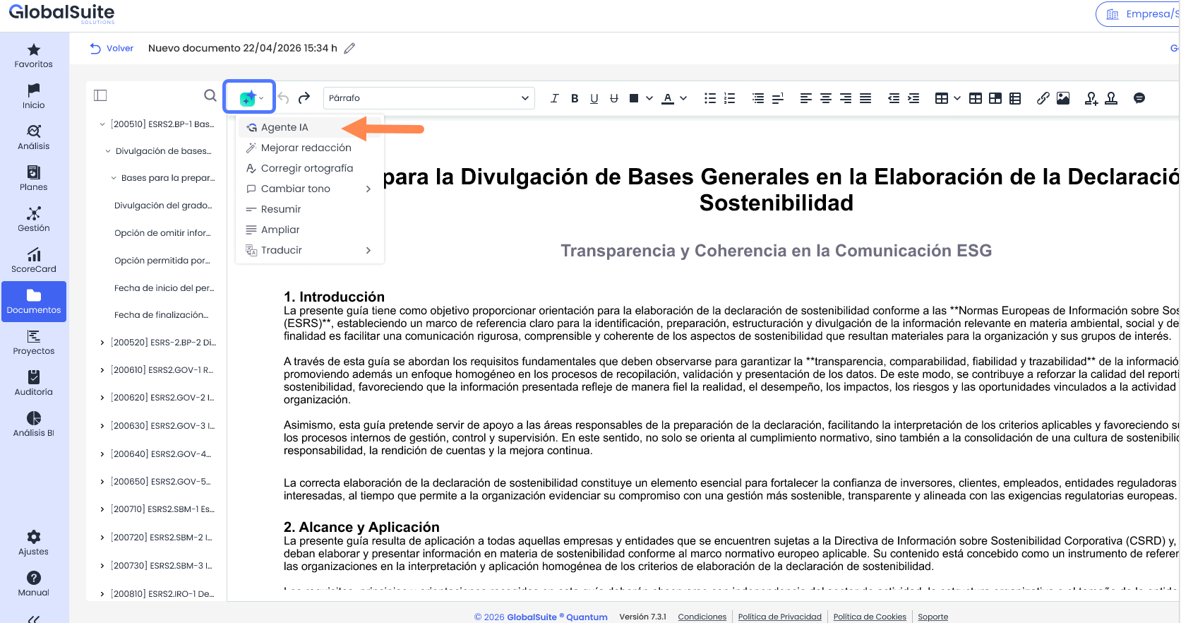Editor de documentos con el menú del botón de IA desplegado y la opción Agente IA.