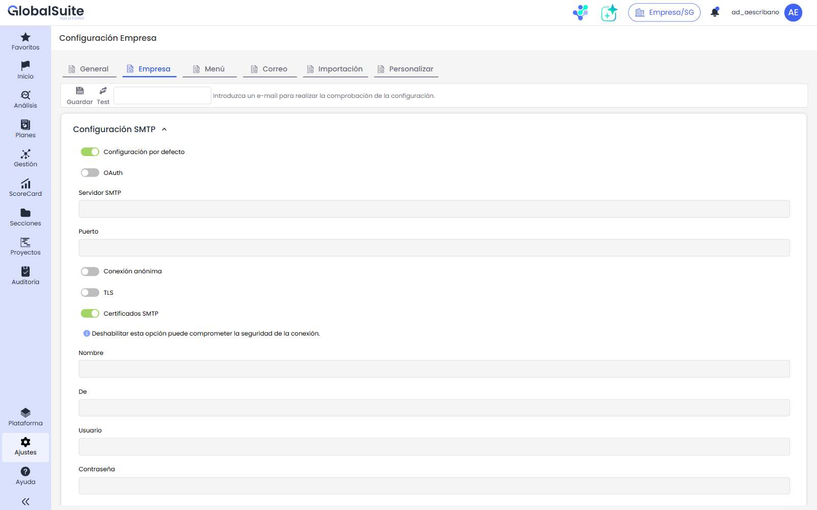 Configuración Empresa - SMTP y 2FA